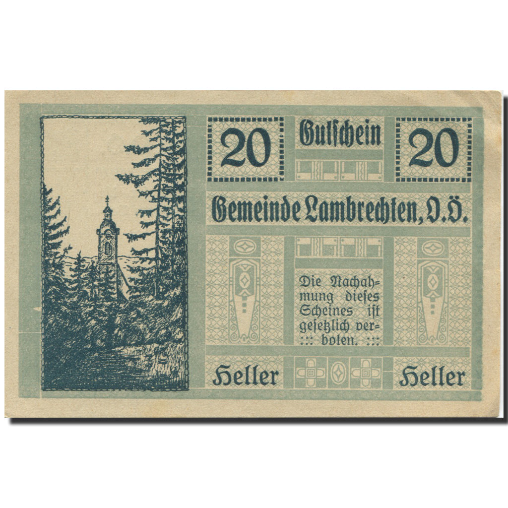 Banknote, Austria, Lambrechten, 20 Heller, Eglise, 1920 UNC(63) Mehl:FS 497b