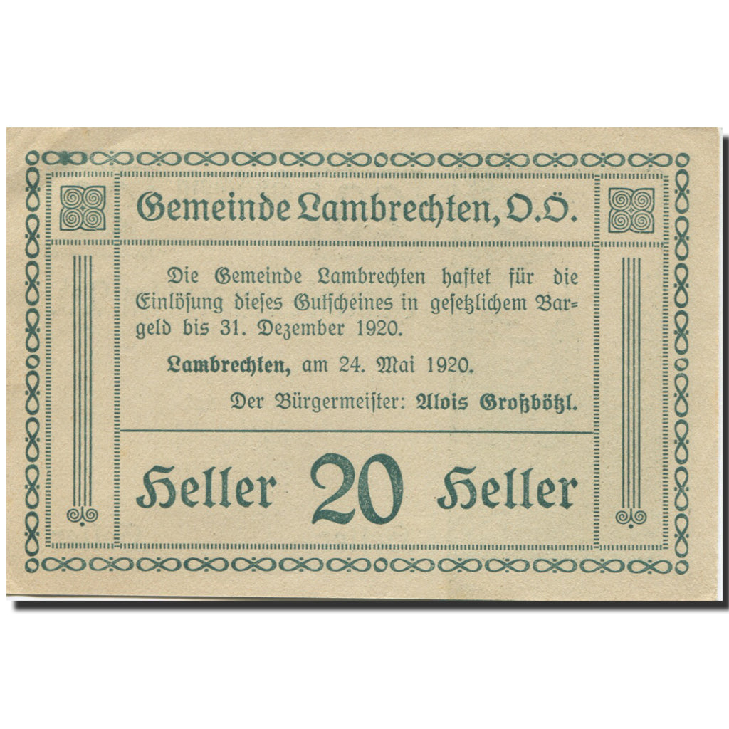 Banknote, Austria, Lambrechten, 20 Heller, Eglise, 1920 UNC(63) Mehl:FS 497b