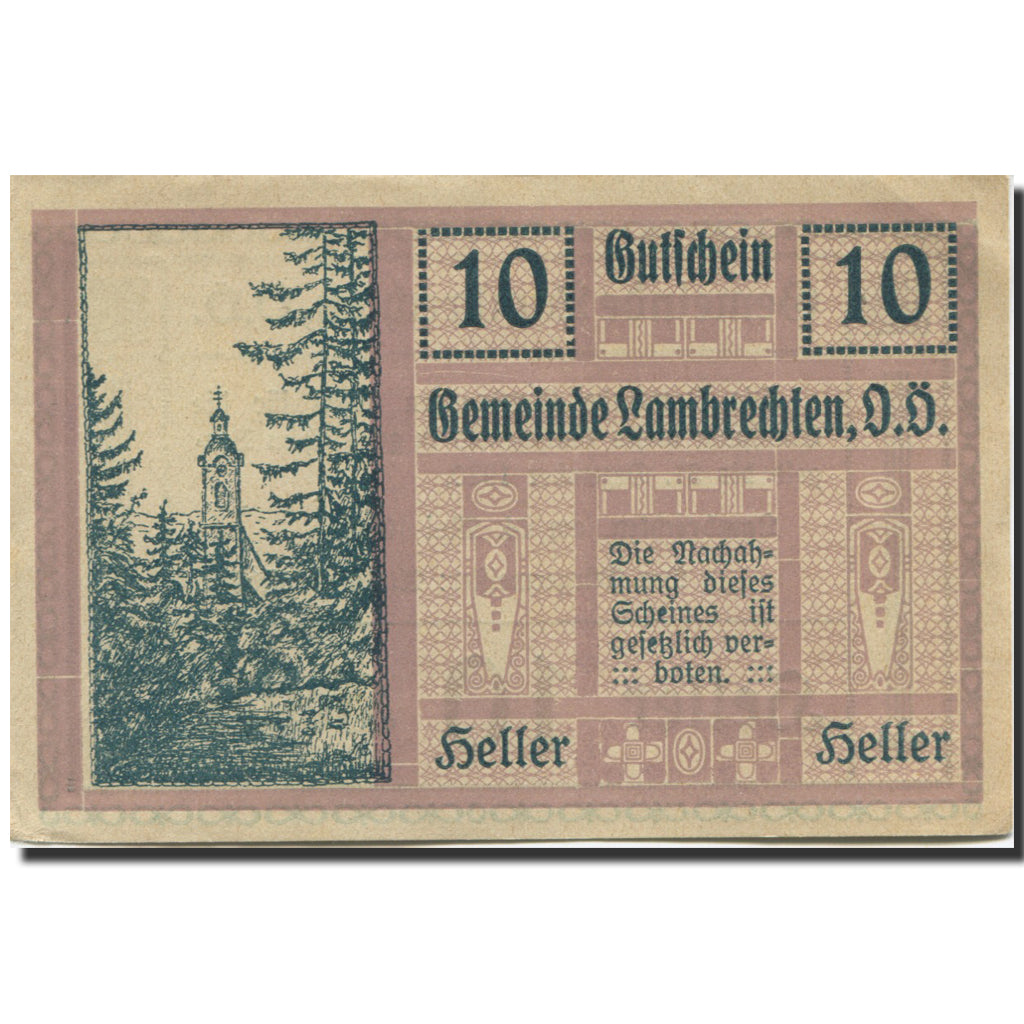 Banknote, Austria, Lambrechten, 10 Heller, Forêt, 1920 UNC(63) Mehl:FS 497b