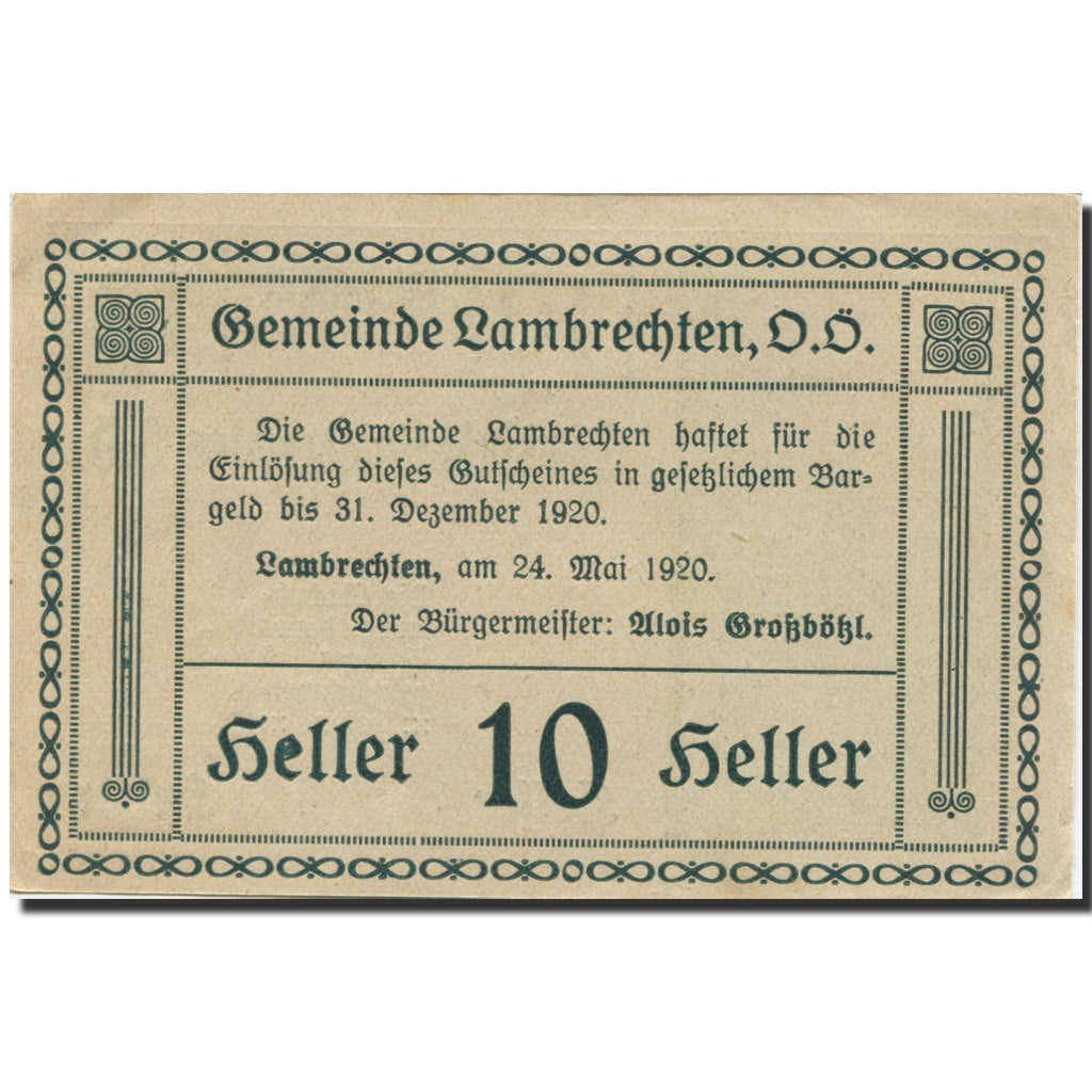 Banknote, Austria, Lambrechten, 10 Heller, Forêt, 1920 UNC(63) Mehl:FS 497b