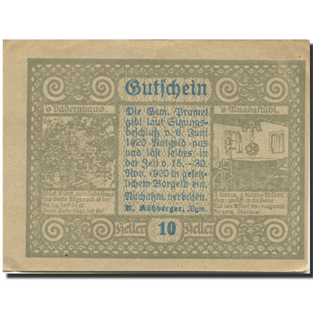 Banknote, Austria, Pramet, 10 Heller, portrait, 1920 UNC(63) Mehl:FS 781a