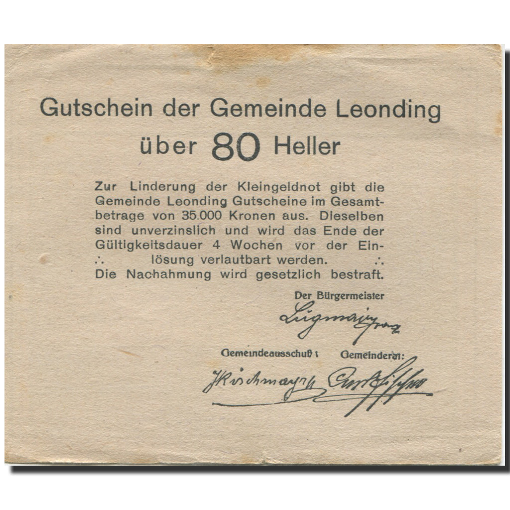 Banknote, Austria, Leonding, 80 Heller, champs, AU(55-58), Mehl:FS 513a