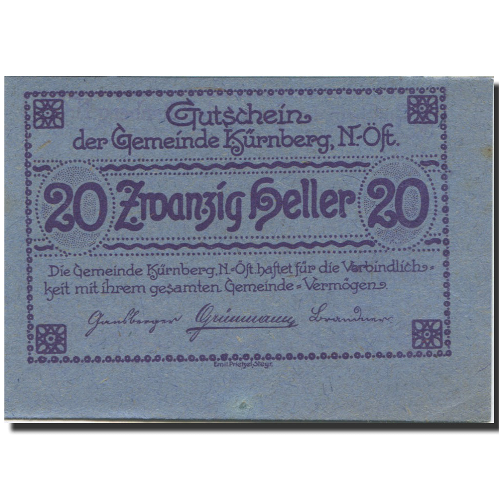 Banknote, Austria, Kürnberg, 20 Heller, champs, 1920 UNC(63) Mehl:FS 490a