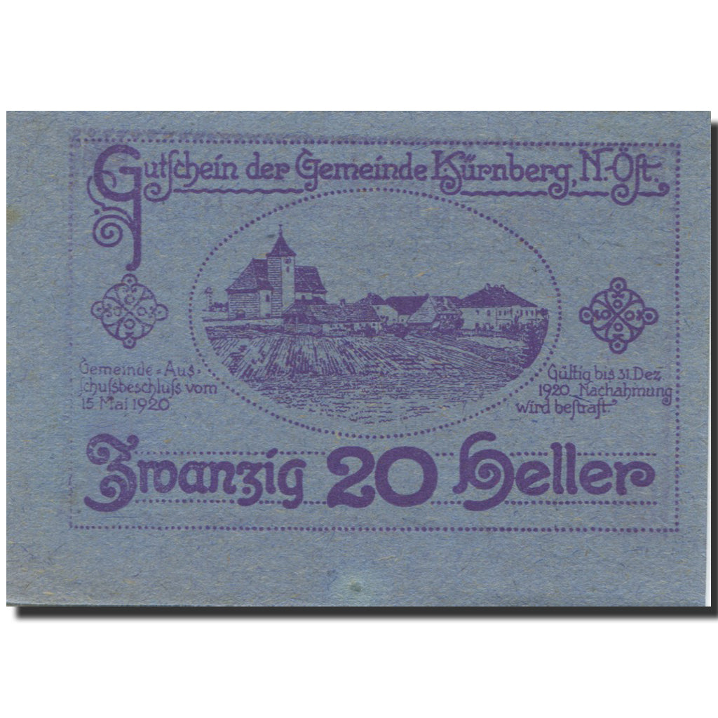 Banknote, Austria, Kürnberg, 20 Heller, champs, 1920 UNC(63) Mehl:FS 490a