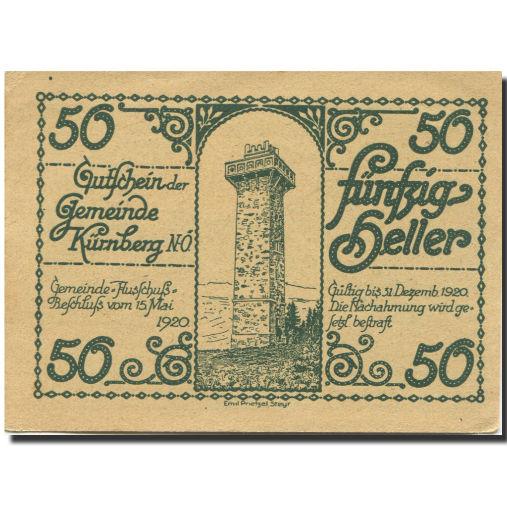 Banknote, Austria, Kürnberg, 50 Heller, paysage, 1920 UNC(63) Mehl:FS 490a