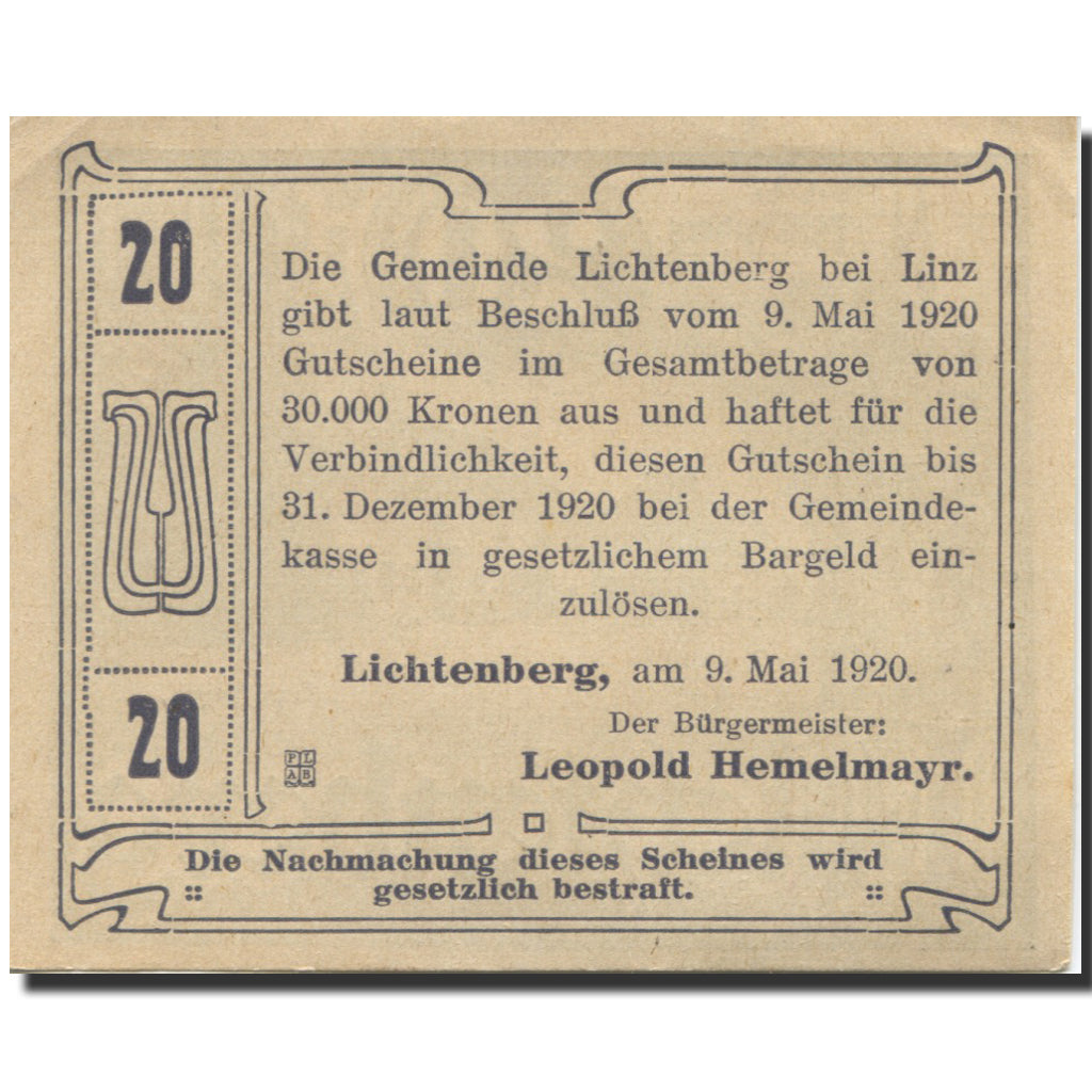 Banknote, Austria, Lichtenberg, 20 Heller, ferme, 1920  UNC(63) Mehl:FS 518a