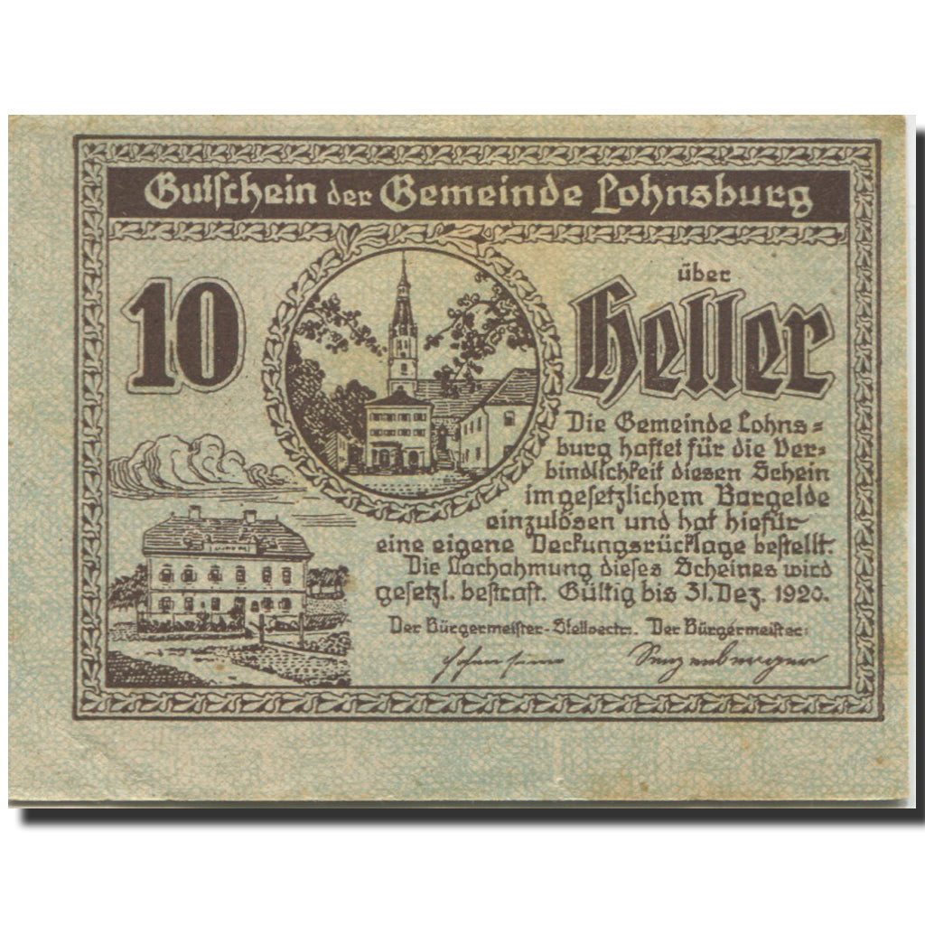 Banknote, Austria, Lohnsburg, 10 Heller, Eglise, 1920 UNC(63) Mehl:FS 561II