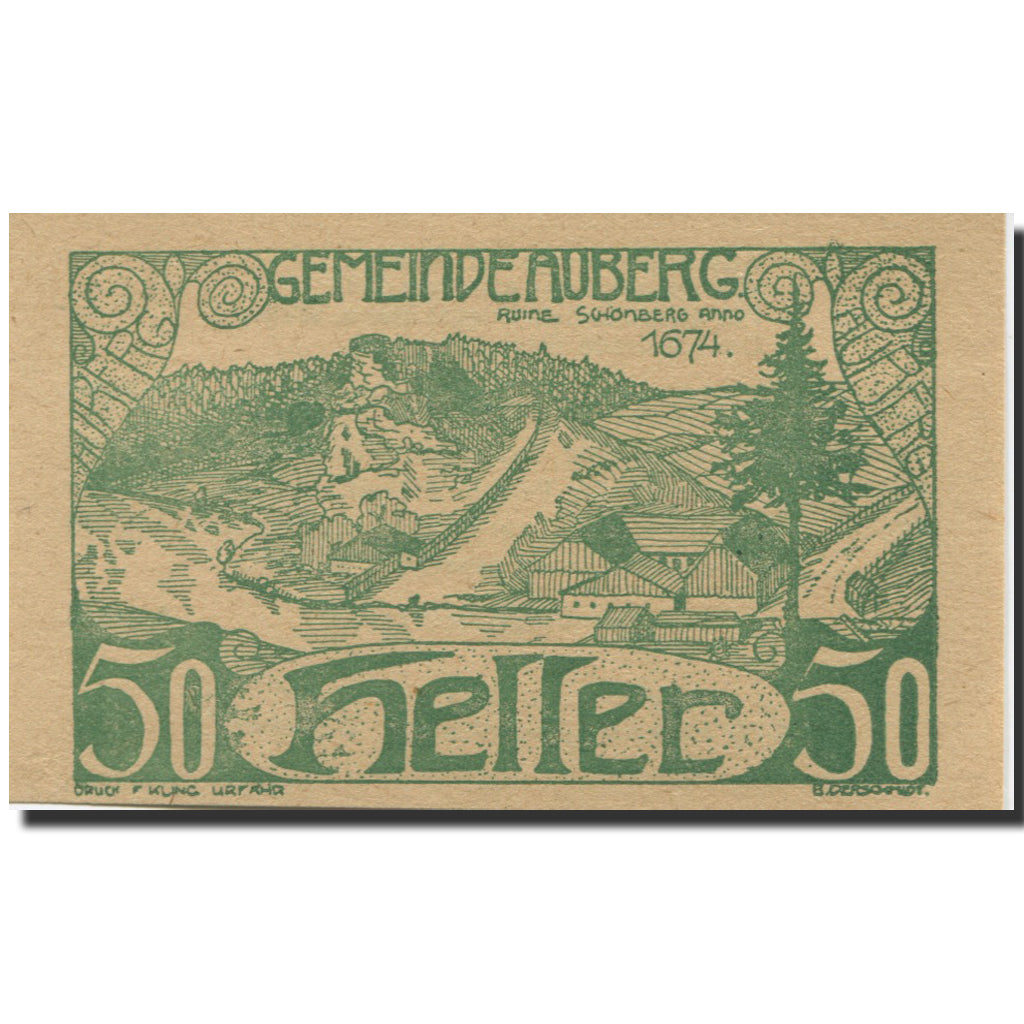 Banknote, Austria, Auberg, 50 Heller, paysage, 1920 UNC(63) Mehl:FS 66bD
