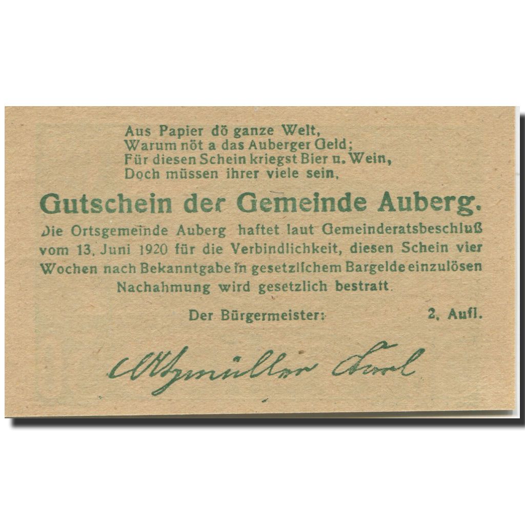 Banknote, Austria, Auberg, 50 Heller, paysage, 1920 UNC(63) Mehl:FS 66bD