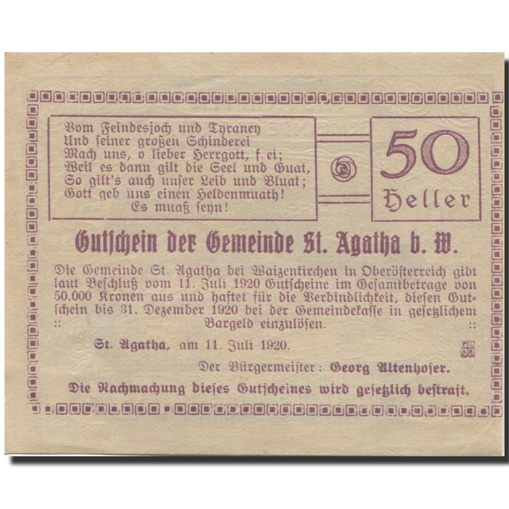 Geldschein, Österreich, St Agatha, 50 Heller, lac, 1920 UNZ- Mehl:FS 877IId