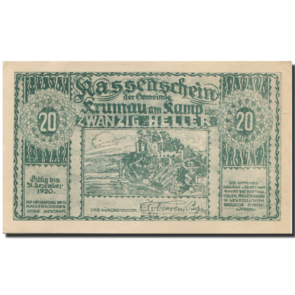 Banknote, Austria, Krumau am Kamp, 20 Heller, ruine 1, 1920 UNC(63) Mehl:FS 487a