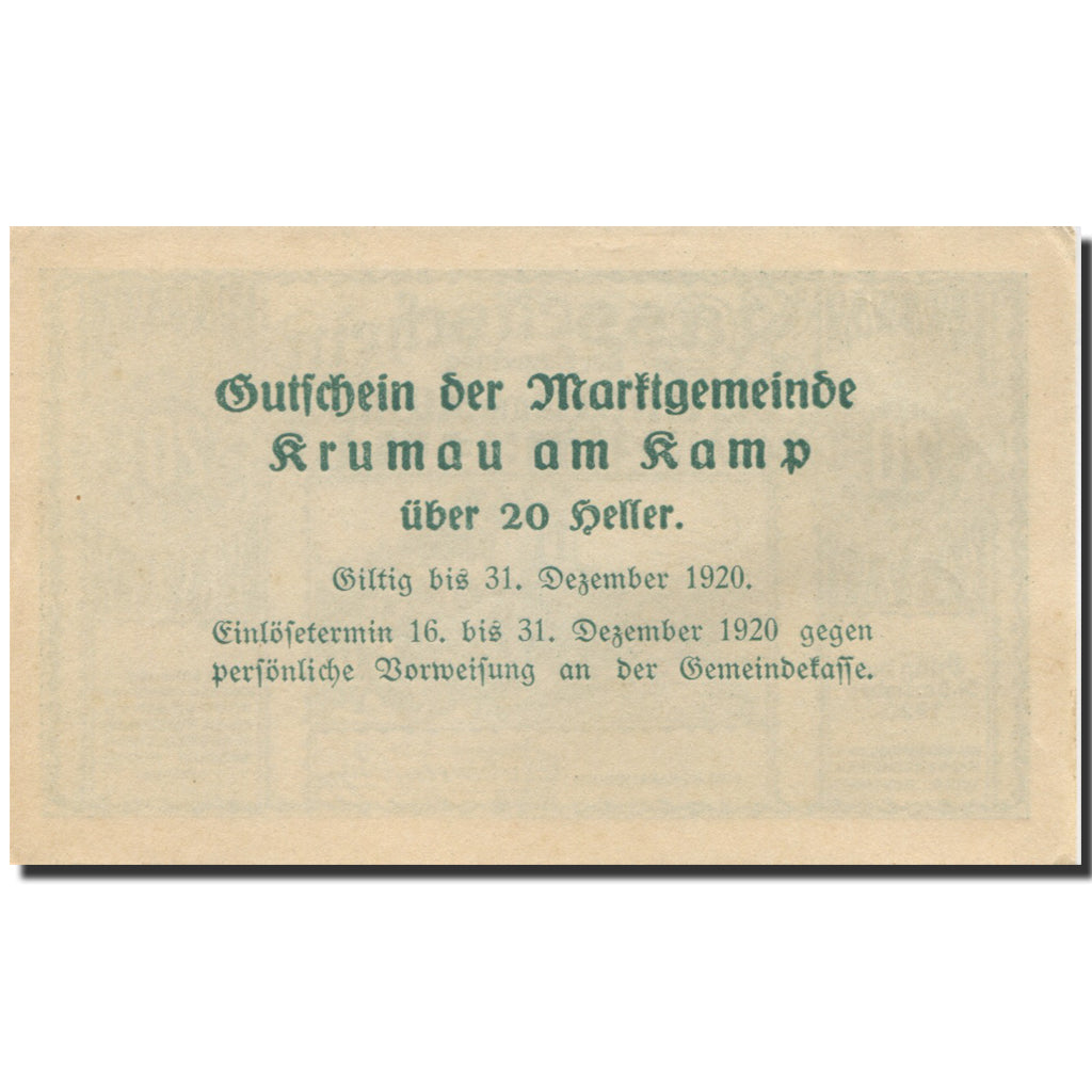 Banknote, Austria, Krumau am Kamp, 20 Heller, ruine 1, 1920 UNC(63) Mehl:FS 487a