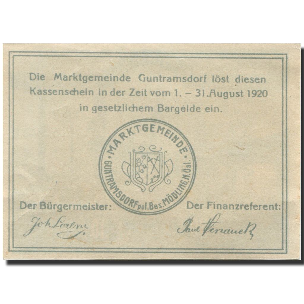 Banknote, Austria, Guntramsdorf, 30 Heller, Usine, 1920 UNC(63) Mehl:FS 310a