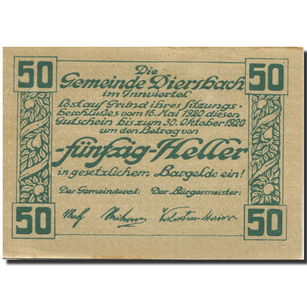 Banknote, Austria, Diersbach, 50 Heller, village, 1920 UNC(63) Mehl:FS 122a