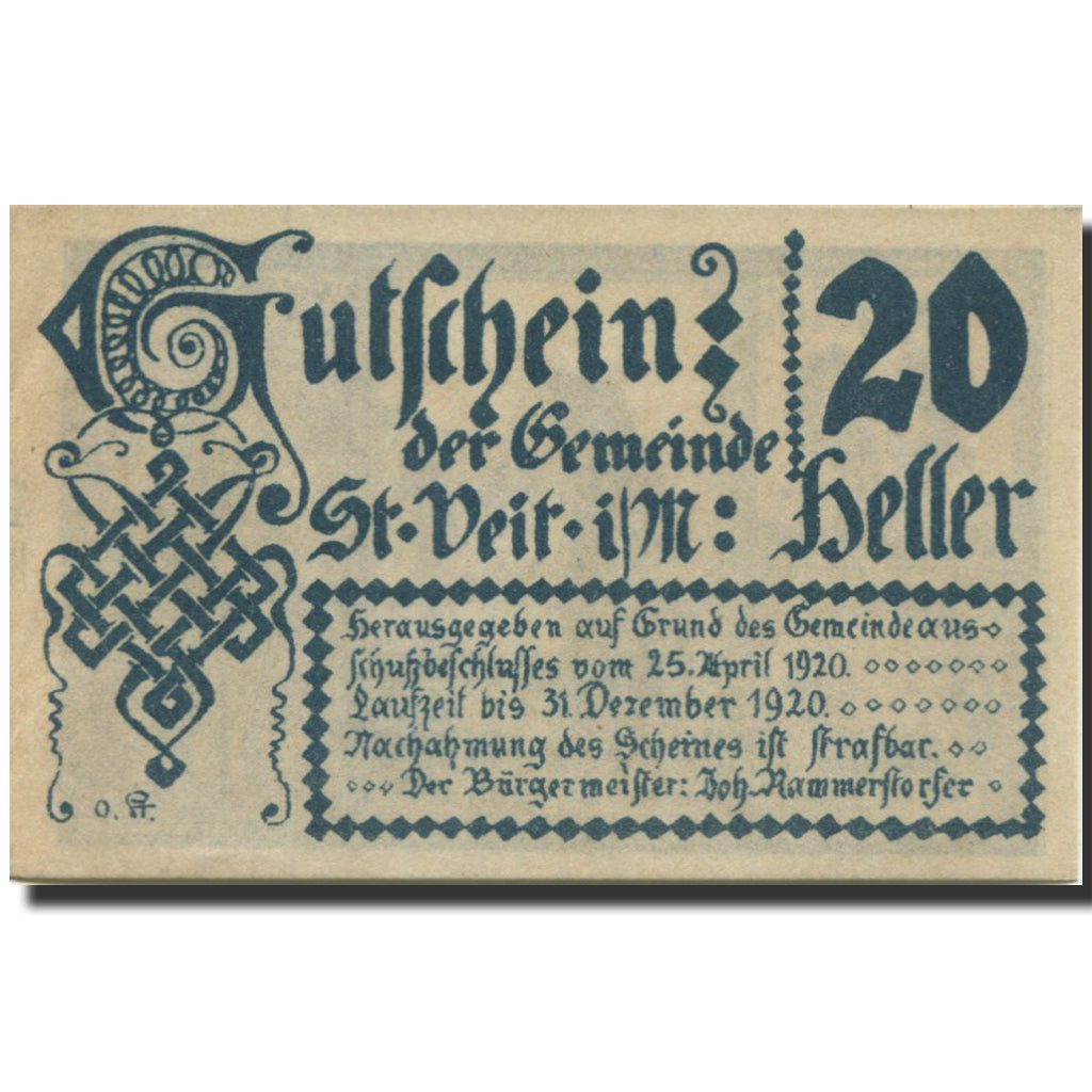 Banknote, Austria, St Veit, 20 Heller, château, 1920 UNC(63) Mehl:FS 944a