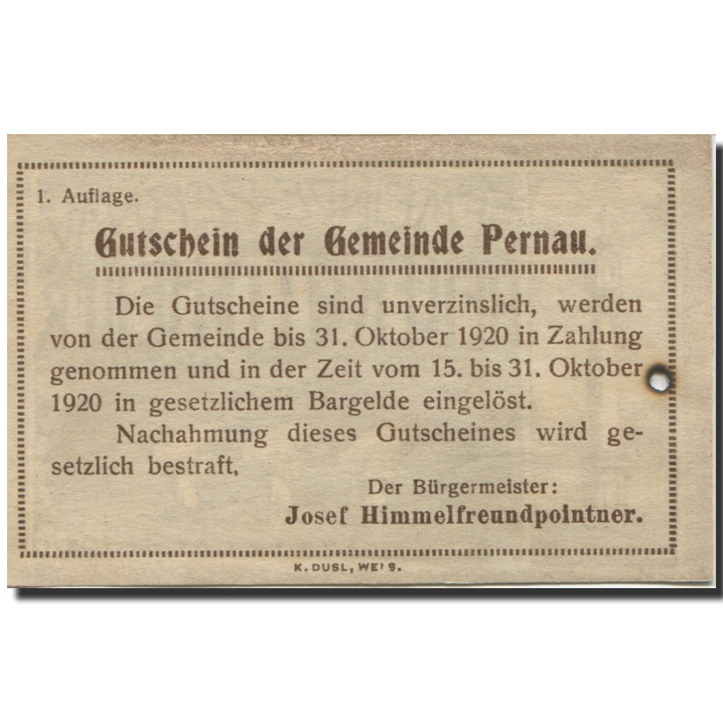 Banknote, Austria, Pernau, 10 Heller, Monument, 1920 UNC(63) Mehl:FS 734II