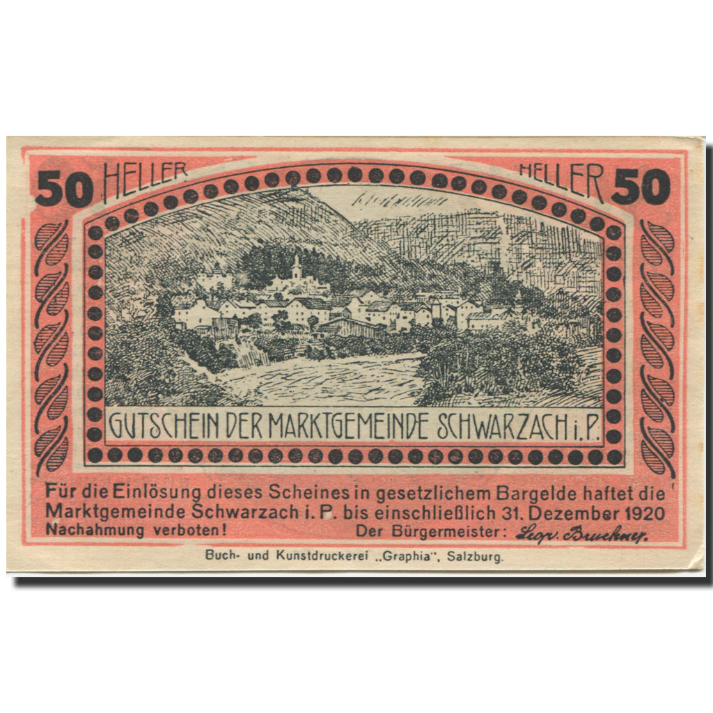 Banknote, Austria, Schwarzach, 50 Heller, montagne, 1920 UNC(63) Mehl:FS 978