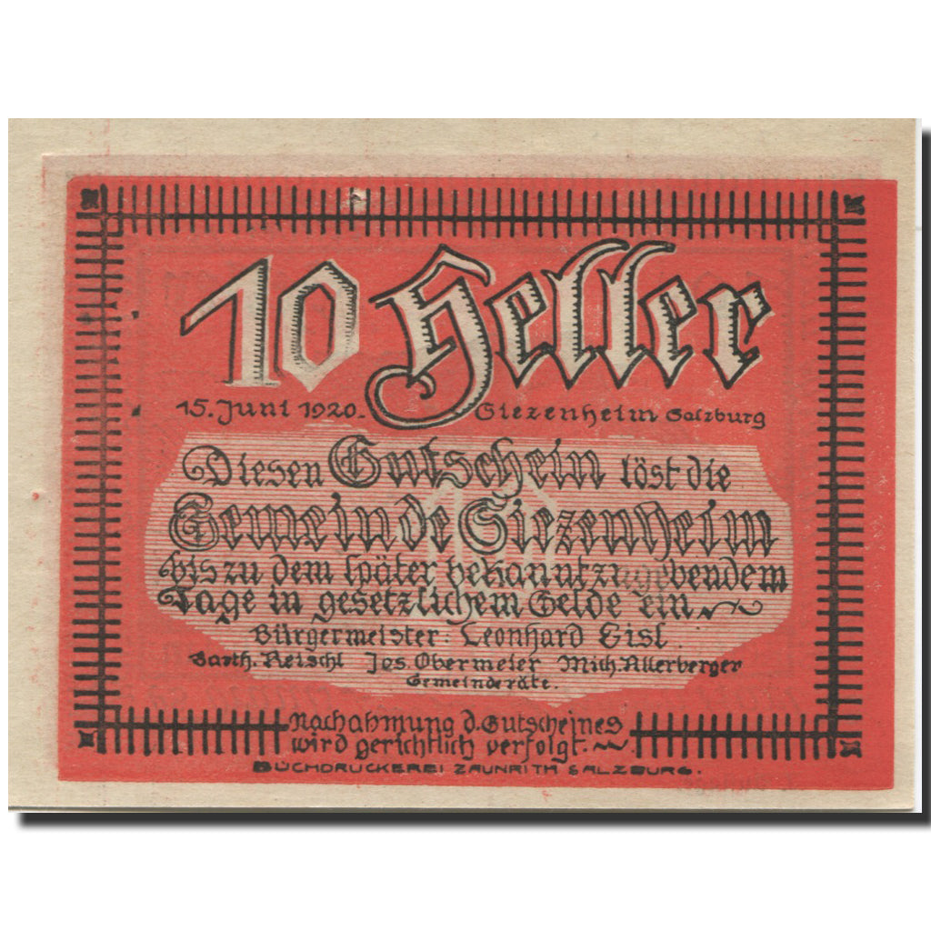 Banknote, Austria, Siezenheim, 10 Heller, montagne, UNC(63), Mehl:FS 996b
