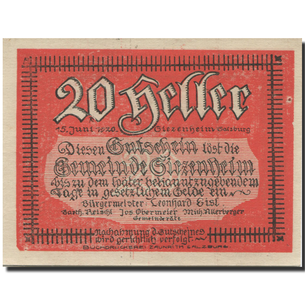 Banknote, Austria, Siezenheim, 20 Heller, chevalier, UNC(63), Mehl:FS 996b