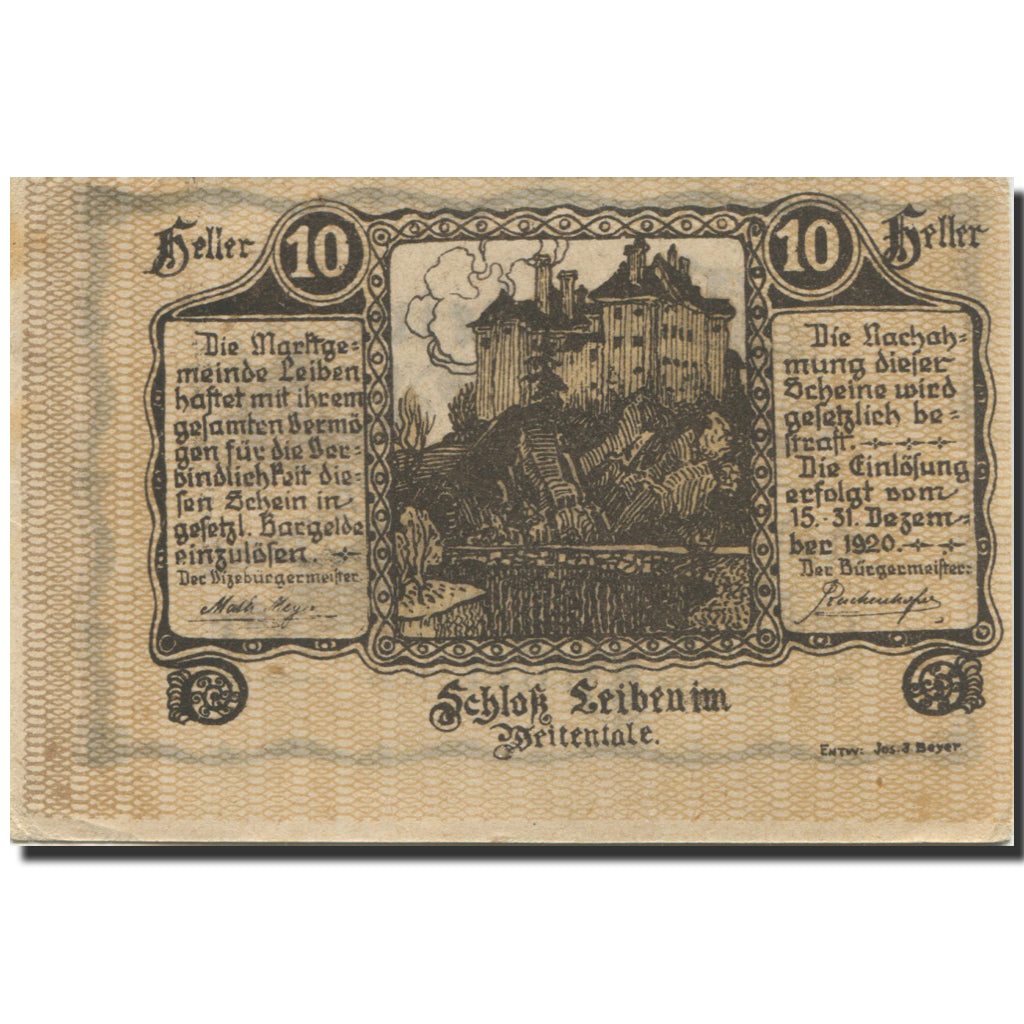 Banknote, Austria, Leiben, 10 Heller, château, 1920 UNC(63) Mehl:FS 509