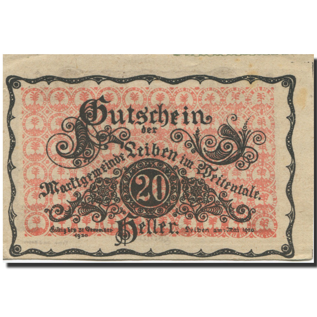 Banknote, Austria, Leiben, 20 Heller, chateau 1, 1920, UNC(63) Mehl:FS 509