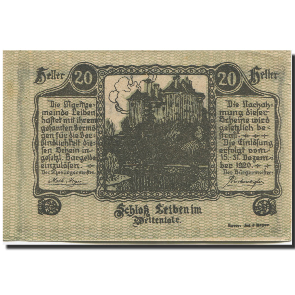 Banknote, Austria, Leiben, 20 Heller, chateau 1, 1920, UNC(63) Mehl:FS 509