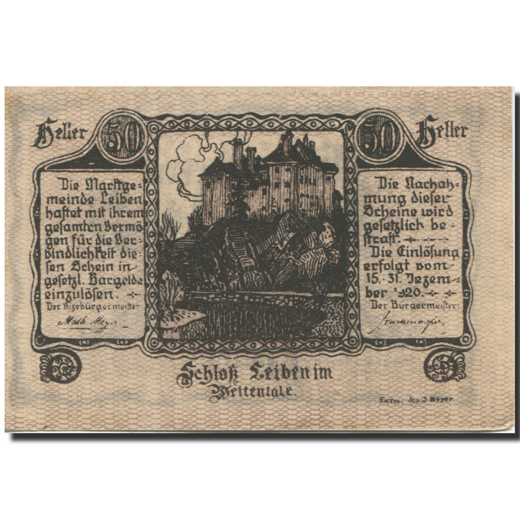 Banknote, Austria, Leiben, 50 Heller, chateau 2, 1920 UNC(63) Mehl:FS 509