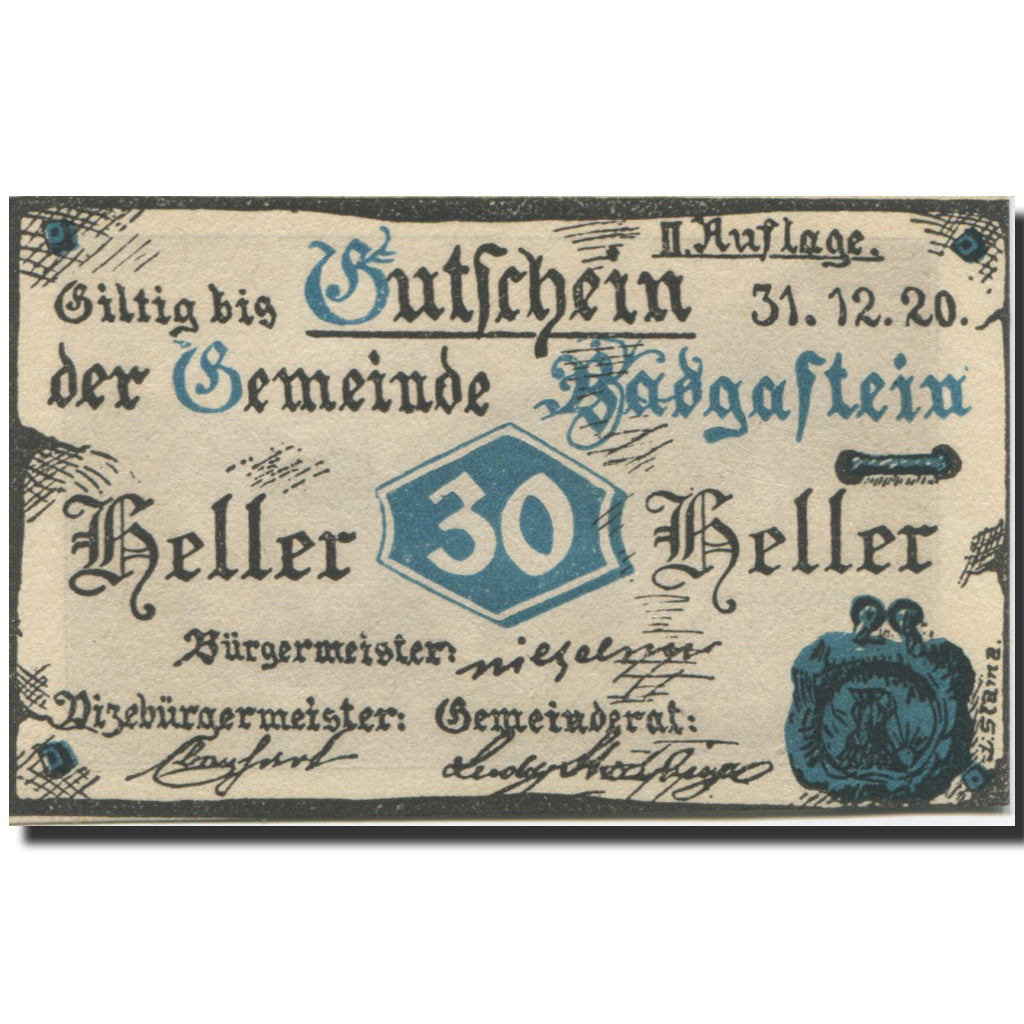 Banknote, Austria, Bad Gastein, 30 Heller, paysage, 1920 UNC(63) Mehl:FS 75IIa