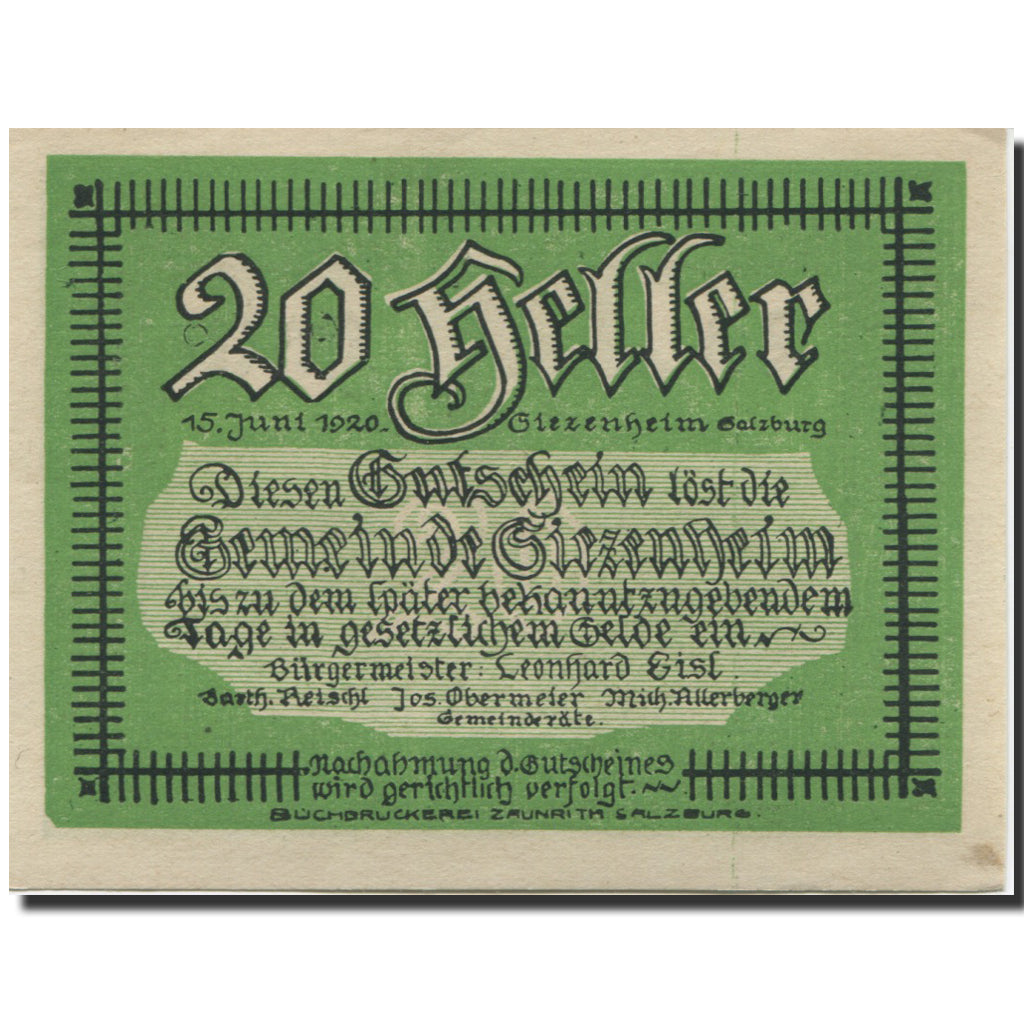 Banknote, Austria, Siezenheim, 20 Heller, personnage, UNC(63), Mehl:FS 996a