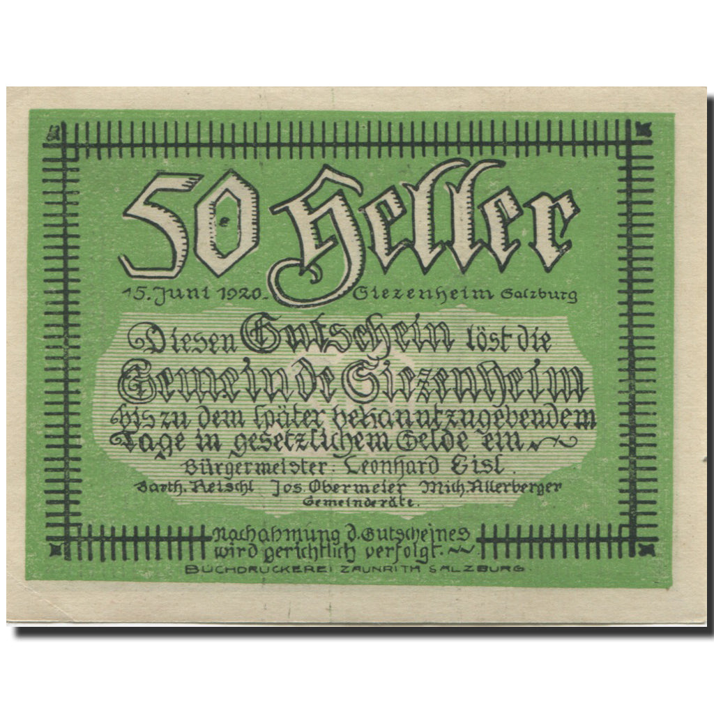 Banknote, Austria, Siezenheim, 50 Heller, paysage, UNC(63), Mehl:FS 996a