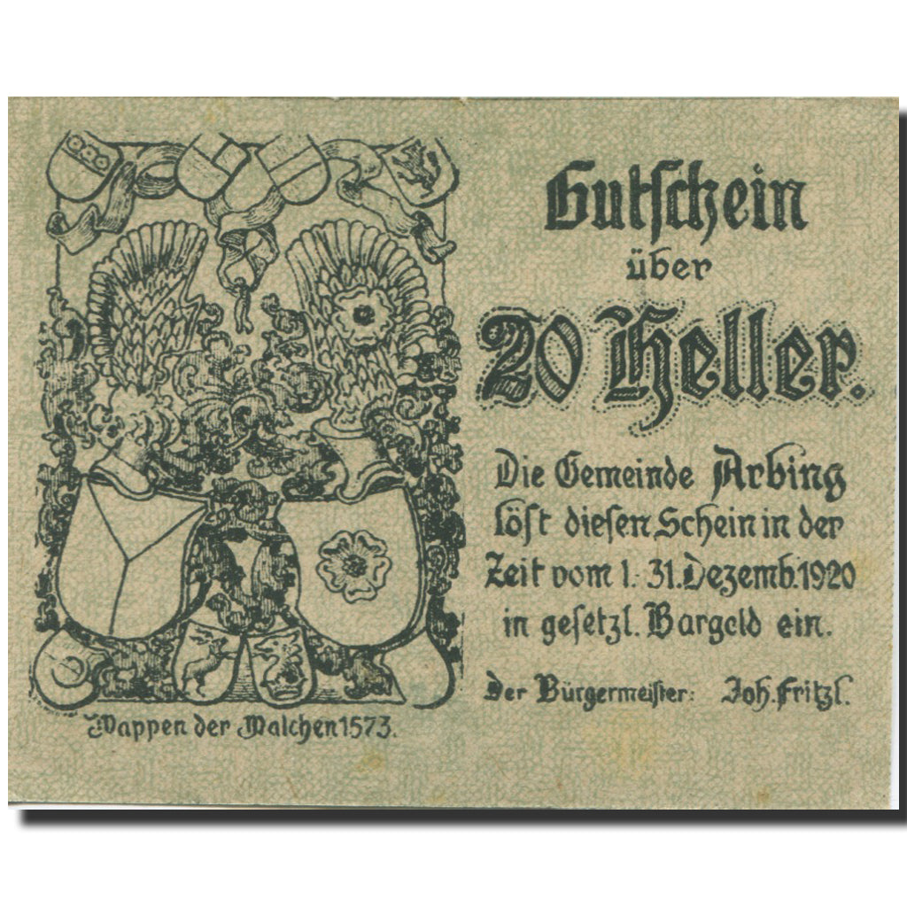 Banknote, Austria, Arbing, 20 Heller, Blason 1920-12-31, UNC(63), Mehl:FS 49a