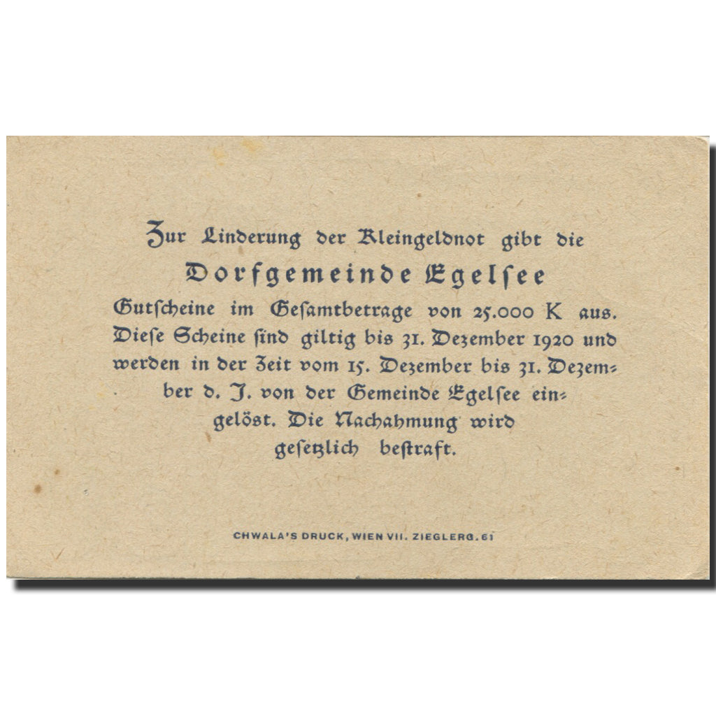 Banknote, Austria, Egelsee, 20 Heller, paysage, 1920 UNC(63) Mehl:FS 158a
