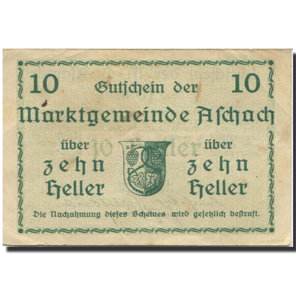 Banknote, Austria, Aschach, 10 Heller, Blason, 1920 AU(55-58) Mehl:FS 53Ia
