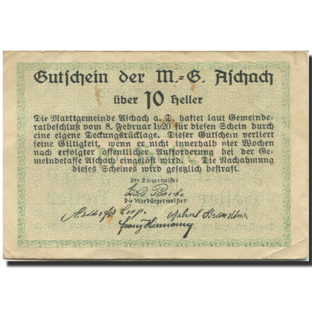 Banknote, Austria, Aschach, 10 Heller, Blason, 1920 AU(55-58) Mehl:FS 53Ia