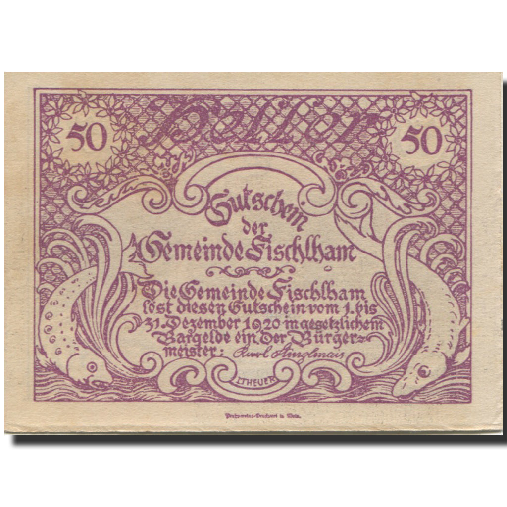 Banknote, Austria, Fischlham, 50 Heller, Eglise, 1920 UNC(63) Mehl:FS 203I