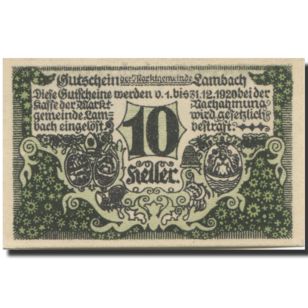 Banknote, Austria, Lambach, 10 Heller, château, 1920, UNC(63) Mehl:FS 496a