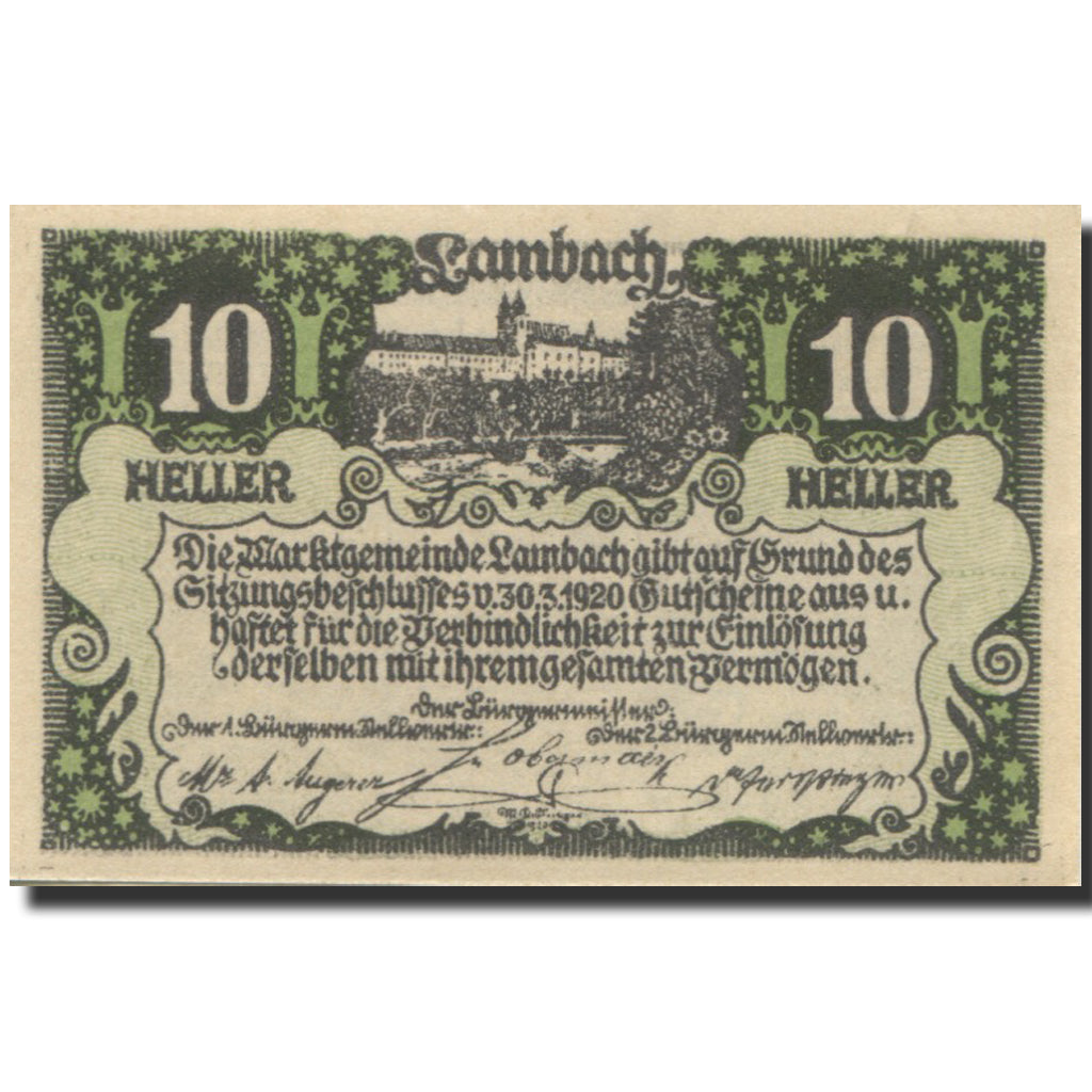 Banknote, Austria, Lambach, 10 Heller, château, 1920, UNC(63) Mehl:FS 496a