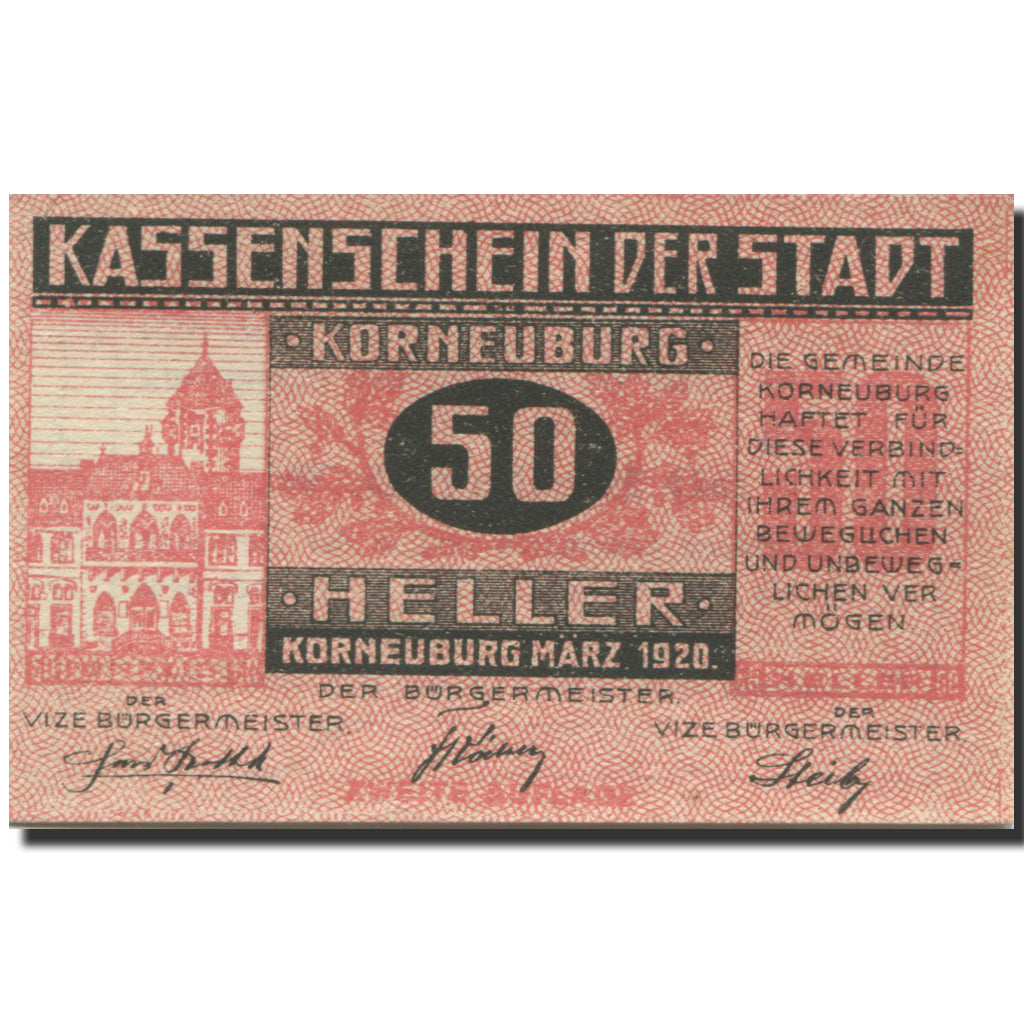 Banknote, Austria, Korneuburg, 50 Heller, Eglise, 1920 UNC(63) Mehl:FS 466b