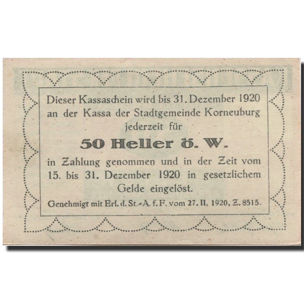 Banknote, Austria, Korneuburg, 50 Heller, Eglise, 1920 UNC(63) Mehl:FS 466b