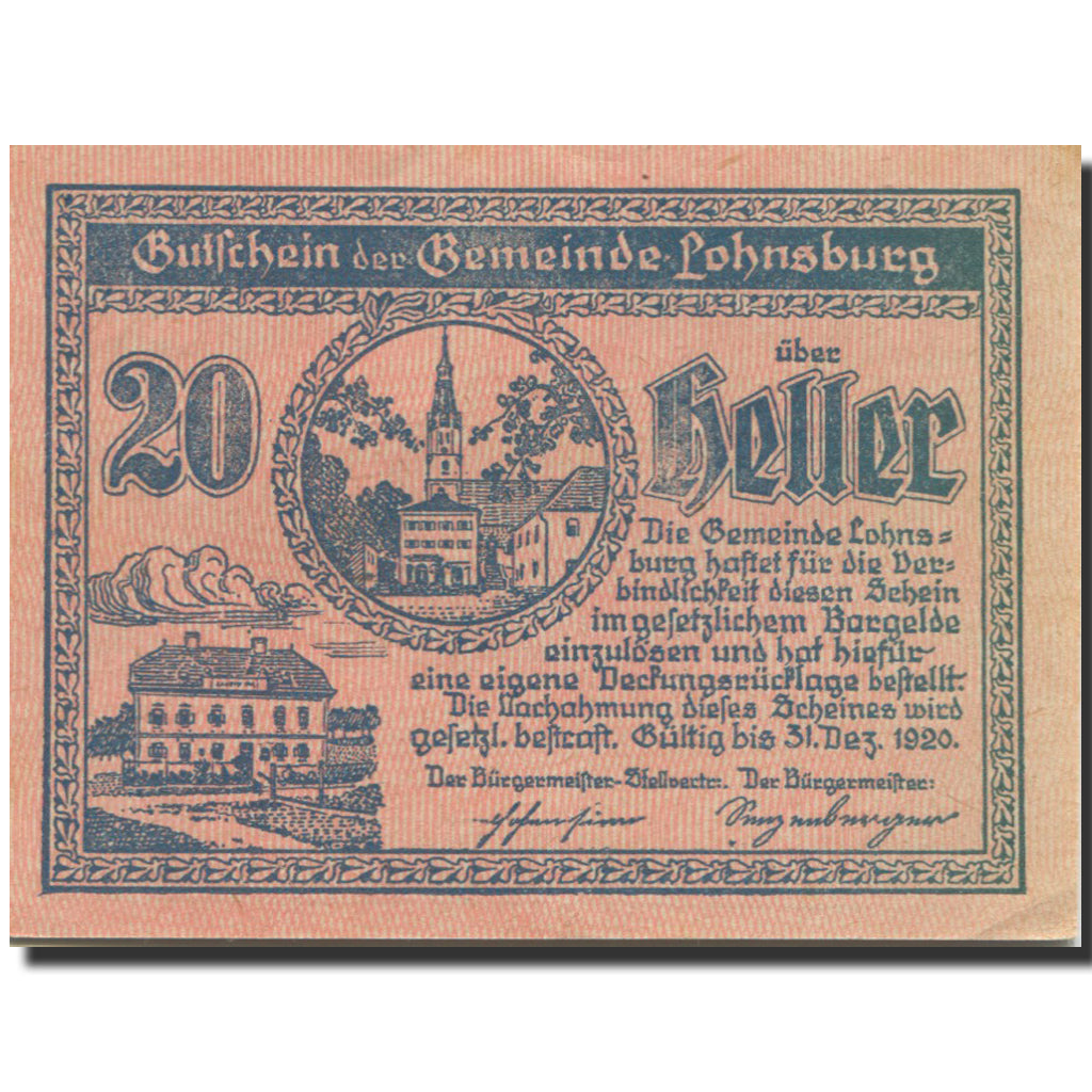 Banknote, Austria, Lohnsburg, 20 Heller, Eglise, 1920, UNC(63) Mehl:FS 561II