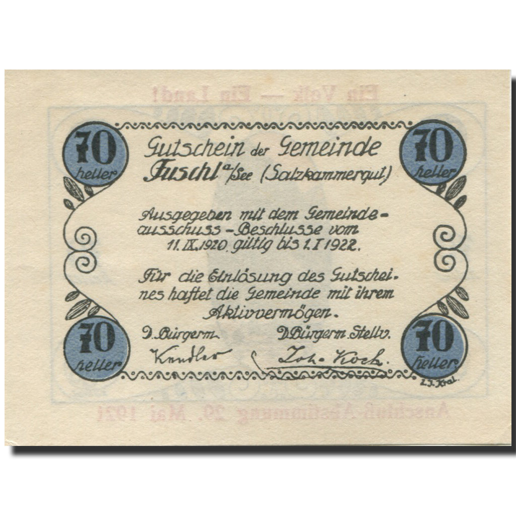 Billet, Autriche, Fuschl, 70 Heller, montagne 1922-01-01, SPL Mehl:FS 215b