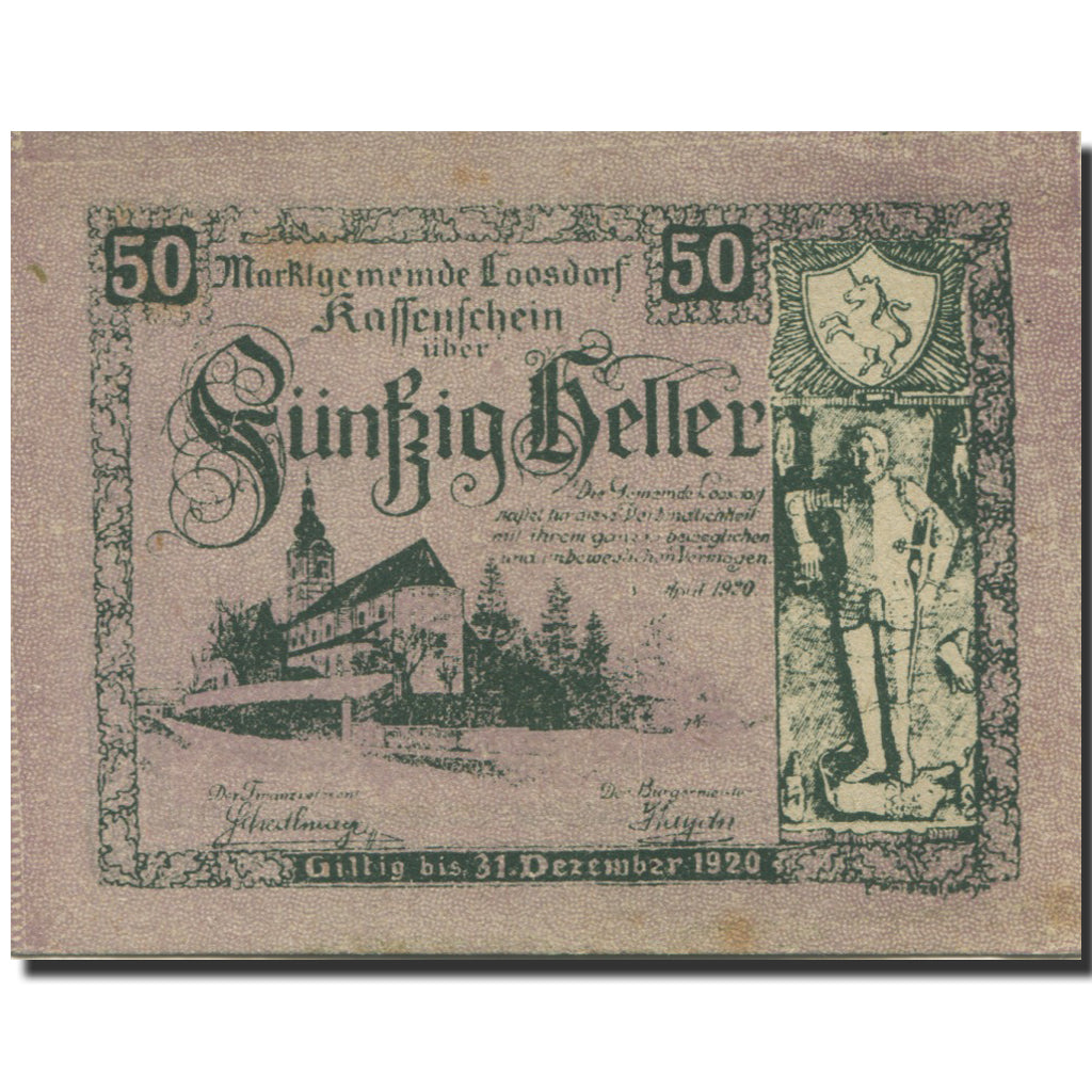 Banknote, Austria, Loosdorf, 50 Heller, Blason, 1920 UNC(63) Mehl:FS 563a