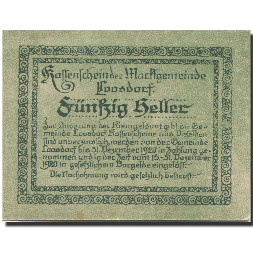 Banknote, Austria, Loosdorf, 50 Heller, Blason, 1920 UNC(63) Mehl:FS 563a