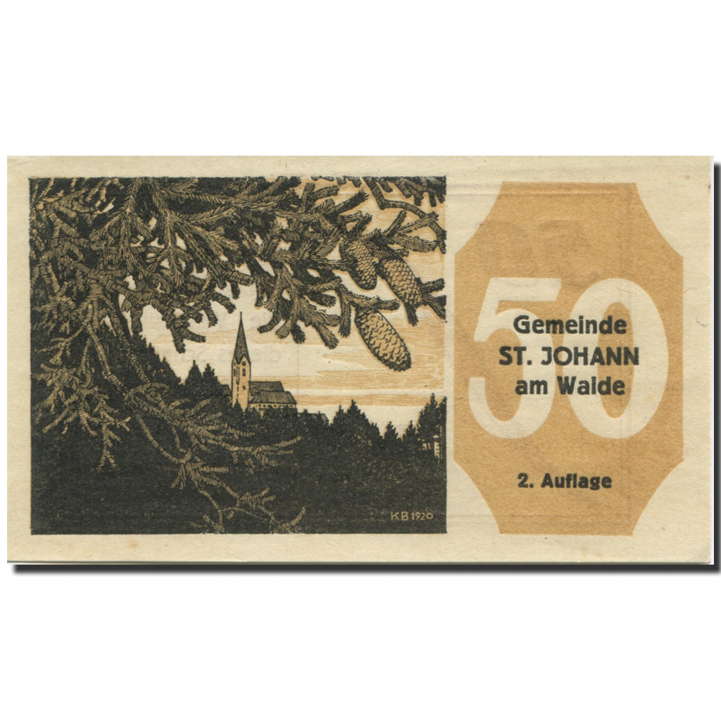 Banconote, Austria, St Johann, 50 Heller, Eglise 1921-01-21, SPL, Mehl:FS 893b
