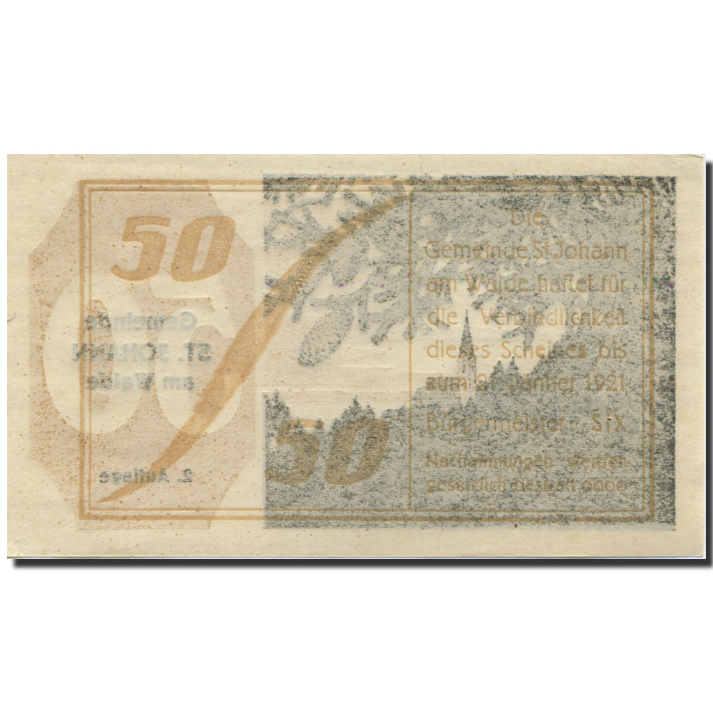 Banconote, Austria, St Johann, 50 Heller, Eglise 1921-01-21, SPL, Mehl:FS 893b