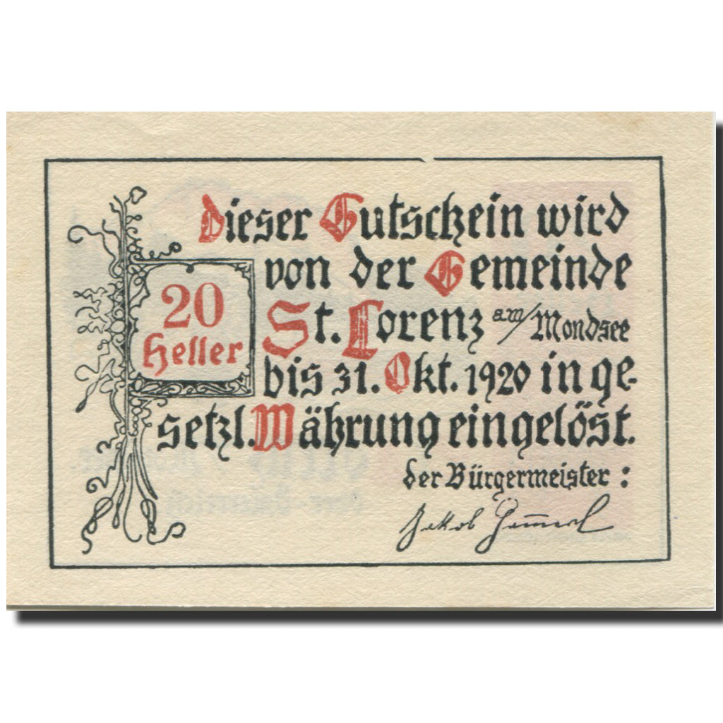 Banknote, Austria, St Lorenz, 20 Heller, personnage, 1920 UNC(63) Mehl:FS 904a