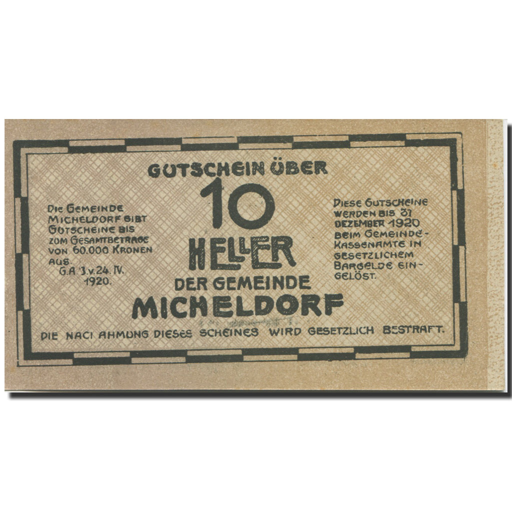 Banknote, Austria, Micheldorf, 10 Heller, château, 1920 UNC(63) Mehl:FS 612h