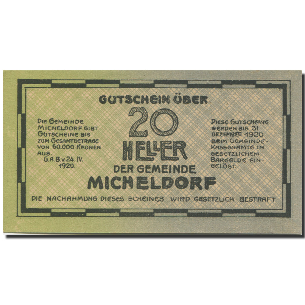 Banknote, Austria, Micheldorf, 20 Heller, Maison 1920-12-31 UNC(63) Mehl:FS 612e