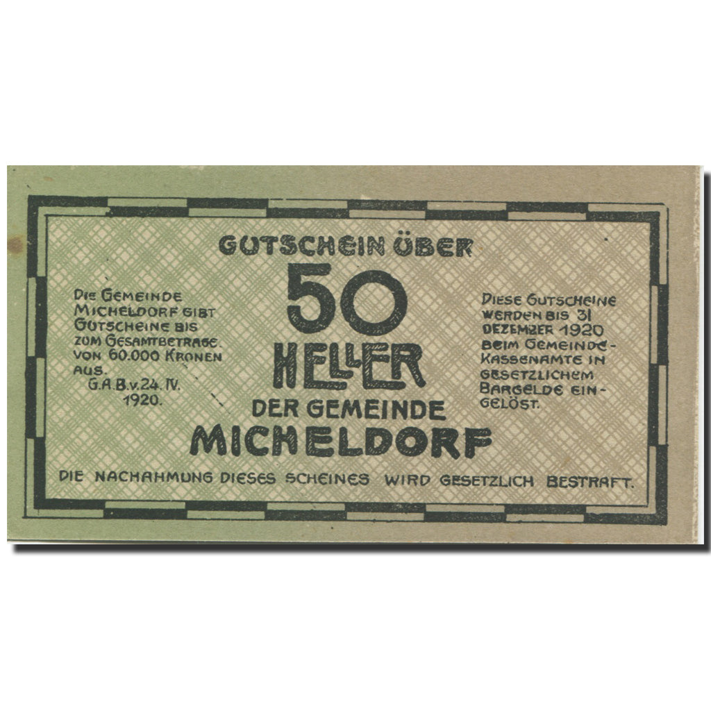 Banknote, Austria, Micheldorf, 50 Heller, personnage, 1920 UNC(63) Mehl:FS 612e