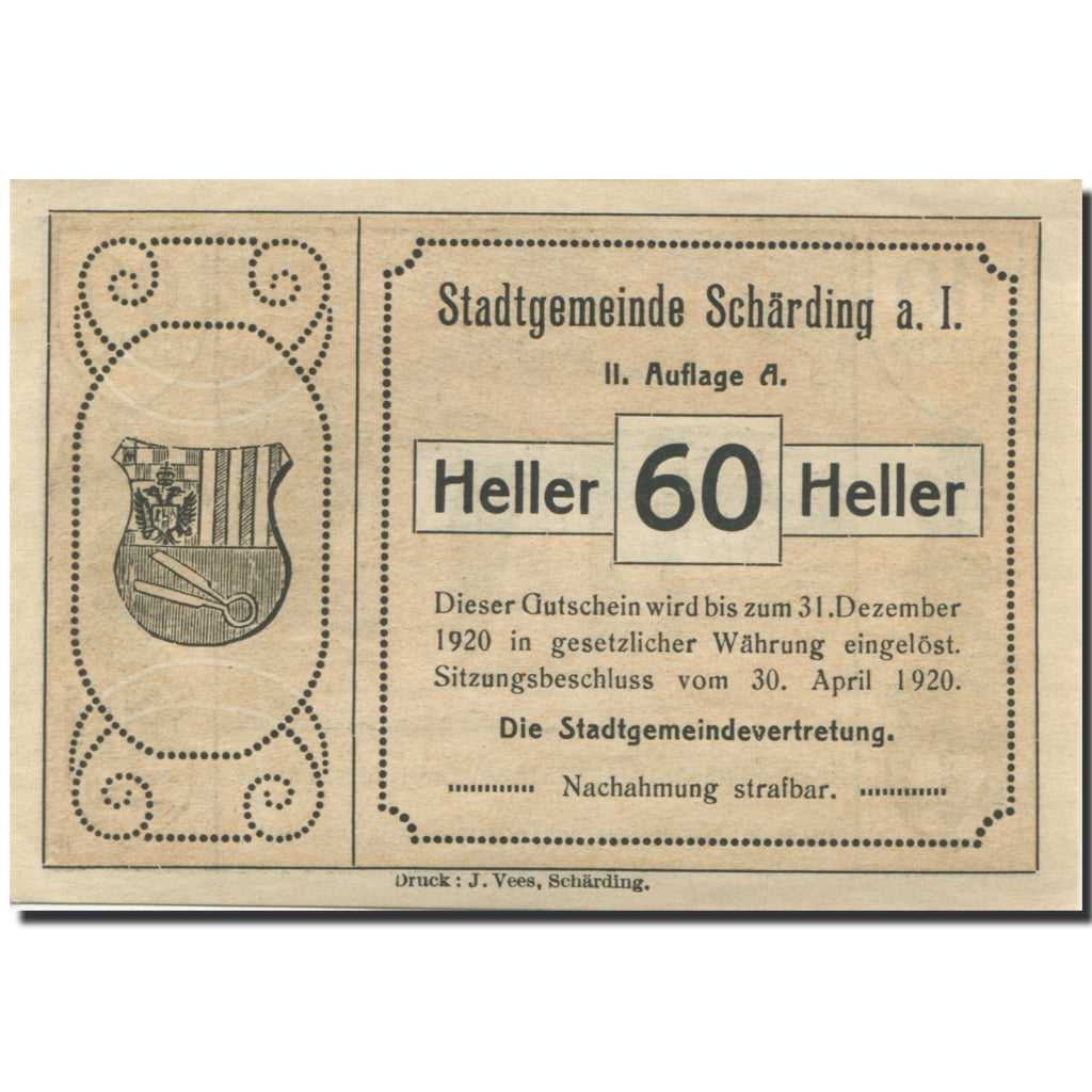 Banknote, Austria, Schärding, 60 Heller, pont 1920-12-31, UNC(63) Mehl:FS 951IIb